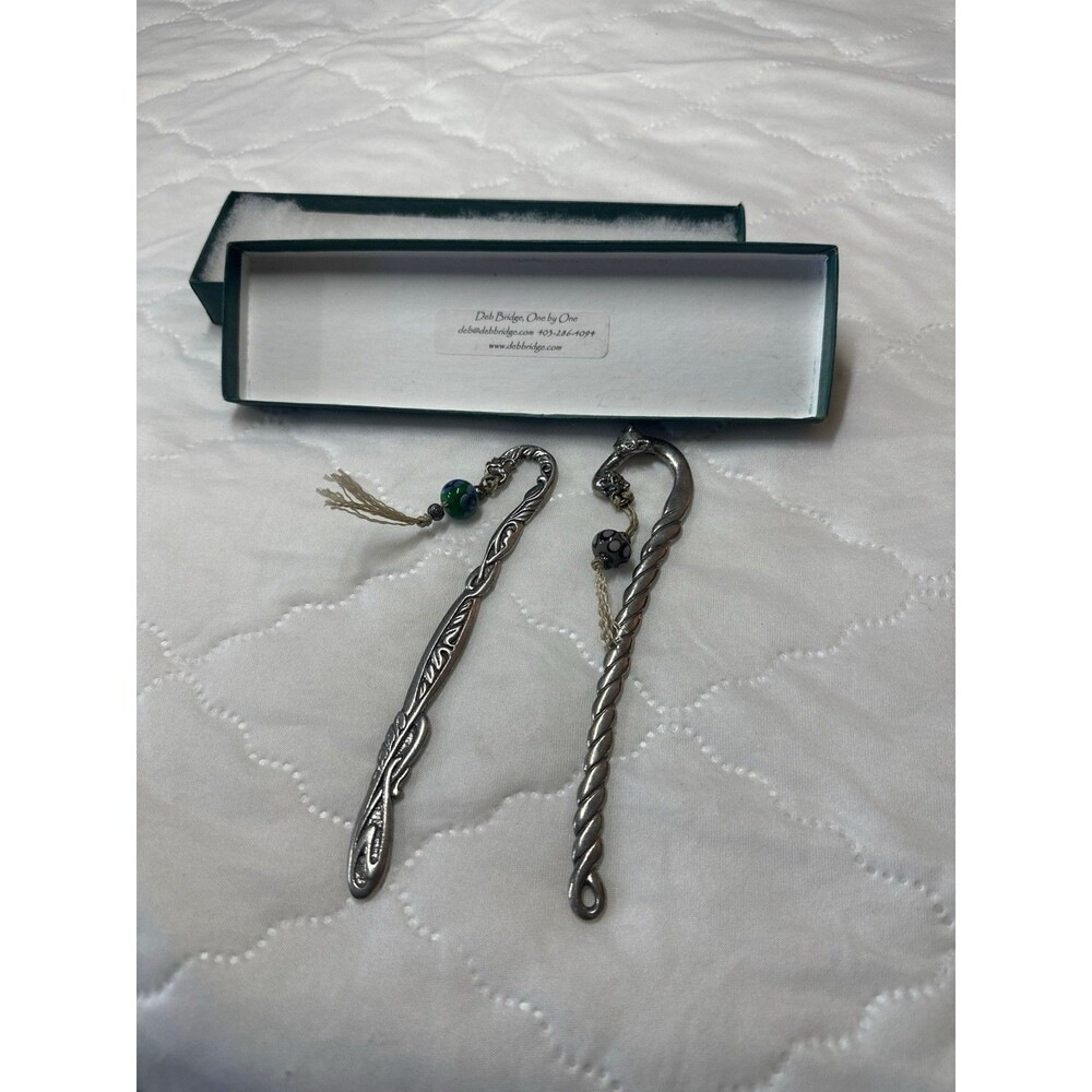 Set of 2 Vintage Handcrafted Metal Hook Bookmarks with Glass Beads -Original Box